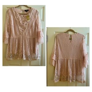 NWT Suzanne Betro Pink Lace Bell Sleeved Blouse